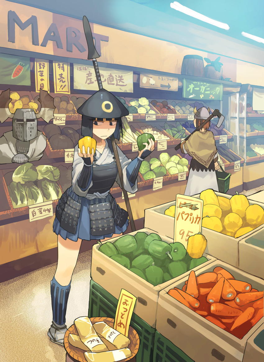 1other 2girls armor axe back bangs bell_pepper black_eyes black_hair blunt_bangs bracer braid brown_hair cabbage carrot chainmail food helmet highres holding holding_weapon japanese_armor multiple_girls original over_shoulder pepper pleated_skirt polearm sandals shopping_basket short_hair skirt spear spring_onion supermarket translation_request vegetable viking weapon weapon_over_shoulder white_legwear yamaada