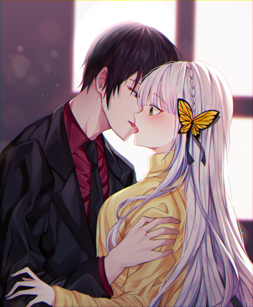 1boy 1girl bangs black_eyes black_hair black_jacket black_neckwear braid brown_eyes butterfly_hair_ornament collared_shirt commentary crown_braid english_commentary eyebrows_visible_through_hair formal french_kiss hair_ornament hand_on_another's_shoulder hetero highres indoors jacket kiss long_hair long_sleeves miyo_(user_zdsp7735) necktie original profile red_shirt shirt silver_hair suit upper_body very_long_hair window yellow_shirt