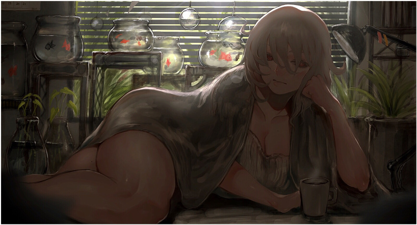 1girl backlighting blanket blinds border breasts chin_rest cleavage coffee coffee_mug cup day densen_(itoguchi) facing_viewer fish fishbowl goldfish grey_hair hair_over_eyes highres indoors large_breasts lying medium_hair mole mole_on_breast mole_on_thigh mug on_side original red_eyes short_hair shutter solo thick_thighs thighs white_border