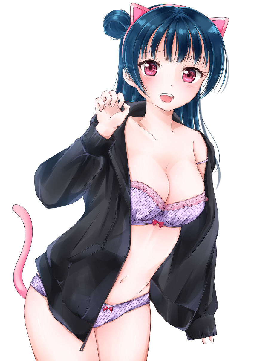 1girl :d =d absurdres animal_ears bangs black_jacket blunt_bangs blush bow bow_bra bow_panties bra breasts cat_ears cat_tail cleavage collarbone dark_blue_hair headband highres jacket lavender_bra lavender_panties long_hair looking_at_viewer love_live! love_live!_sunshine!! medium_breasts navel open_mouth panties paw_pose pink_bow red_eyes ribbon-trimmed_bra rin5325 side_bun simple_background smile solo strap_slip striped striped_bra striped_panties tail thighs tsushima_yoshiko underwear upper_teeth white_background