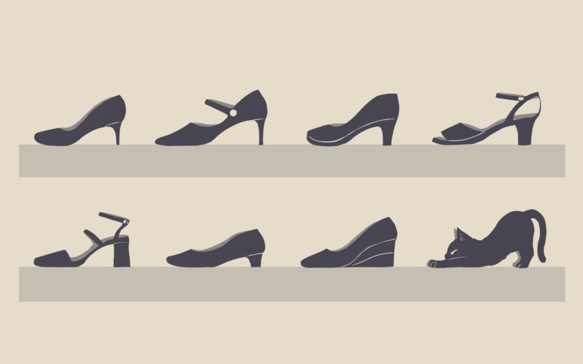 animal animal_focus avogado6 black_cat black_footwear cat cat_focus closed_eyes from_side high_heels highres lineup monochrome no_humans odd_one_out open_toe_shoes original profile pumps sepia shelf shoes solo strappy_heels stretch wedge_heels