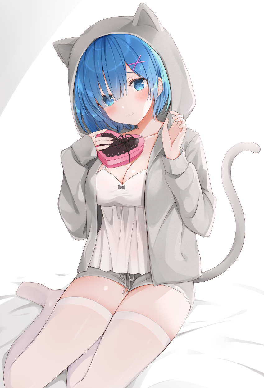 1girl 49_(yonkyuu) absurdres alternate_costume animal_ears animal_hood blue_eyes blue_hair breasts cat_ears cat_hood cat_tail cleavage collarbone commentary_request fake_animal_ears grey_hoodie grey_shorts hair_ornament hair_over_one_eye highres hood long_hair long_legs looking_at_viewer re:zero_kara_hajimeru_isekai_seikatsu rem_(re:zero) short_hair short_shorts shorts sitting solo tail thighhighs white-shirt white_legwear x_hair_ornament