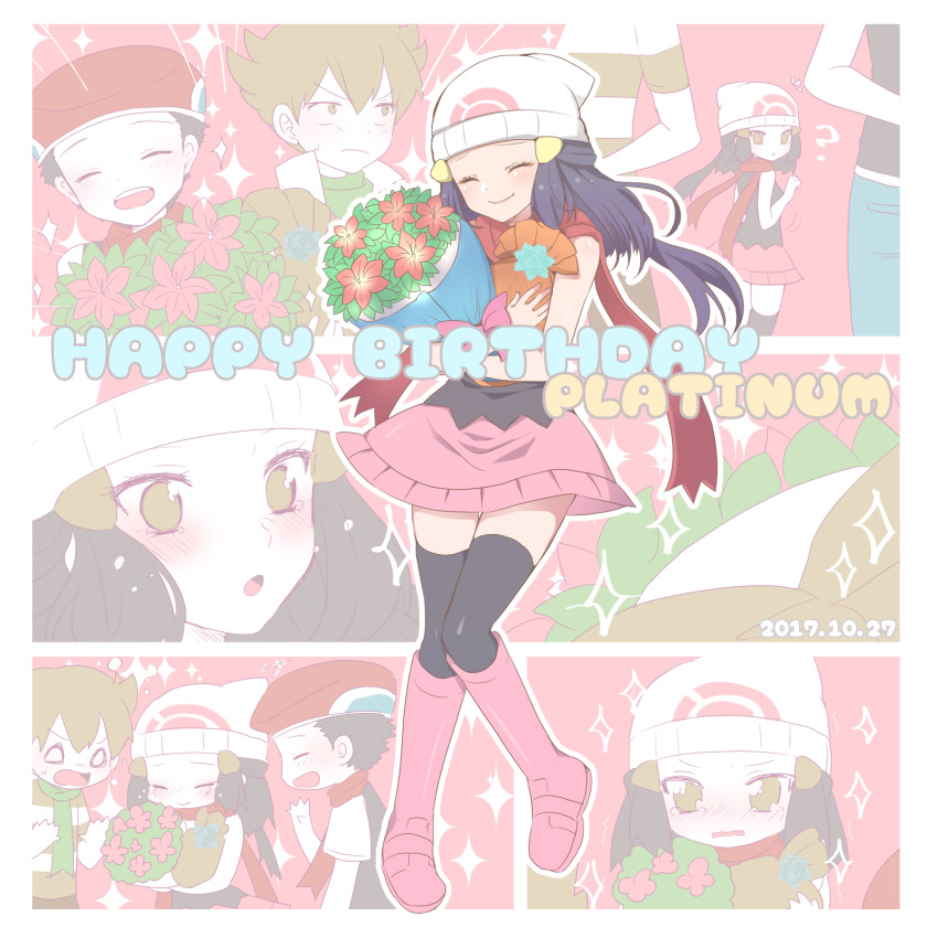 1girl beanie blue_hair blush boots bouquet breasts closed_mouth diamond_(pokemon) dress flower hair_ornament hat highres holding long_hair mokorei multiple_boys open_mouth pearl_(pokemon) pink_footwear platinum_berlitz pokemon pokemon_special scarf skirt smile thighhighs