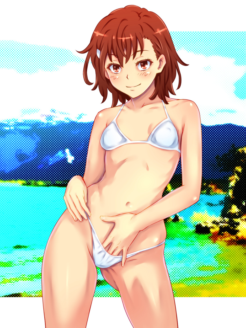 1girl ahoge bikini blush breasts brown_eyes brown_hair covered_nipples hand_in_bikini highres looking_at_viewer micro_bikini misaka_mikoto navel nike_(0306) shiny shiny_hair shiny_skin short_hair side-tie_bikini skindentation small_breasts smile solo swimsuit to_aru_kagaku_no_railgun to_aru_majutsu_no_index white_bikini