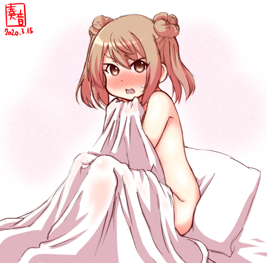 1girl artist_logo bed blush brown_eyes commentary_request dated hair_bun highres kanon_(kurogane_knights) kantai_collection light_brown_hair looking_at_viewer michishio_(kantai_collection) naked_sheet nose_blush nude open_mouth pillow short_twintails simple_background sitting solo twintails under_covers white_background