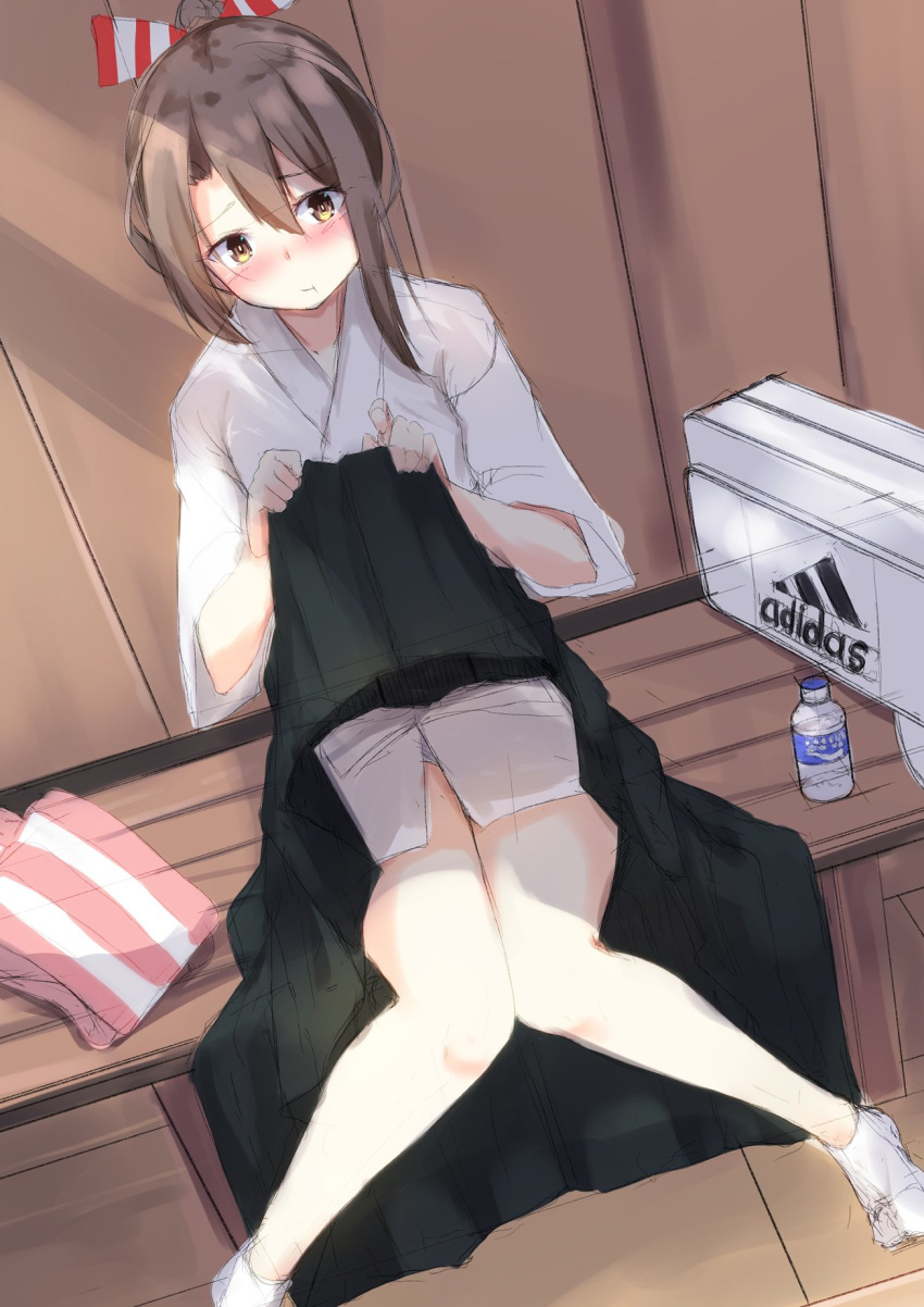 1girl adidas alternate_costume bag black_hakama blush bottle brown_eyes full_body hair_between_eyes hakama hakama_lift high_ponytail highres japanese_clothes kantai_collection lifted_by_self long_hair looking_at_viewer school_bag sitting solo spread_legs zarashi zuihou_(kantai_collection)