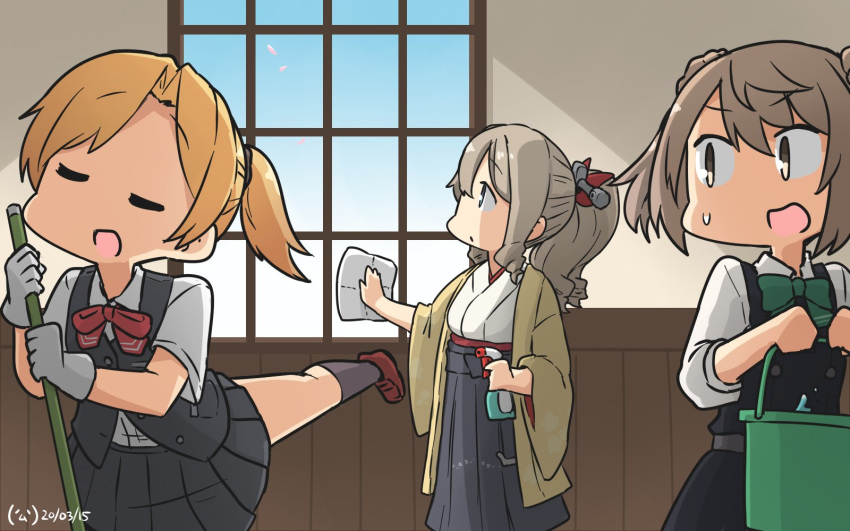 3girls bangs blonde_hair blush bow brown_hair bucket cleaning closed_eyes dancing double_bun drill_hair gloves hair_between_eyes hair_bun hair_ornament hair_ribbon hakama hamu_koutarou hatakaze_(kantai_collection) highres japanese_clothes kantai_collection kimono light_brown_hair long_hair long_sleeves looking_at_viewer maikaze_(kantai_collection) meiji_schoolgirl_uniform michishio_(kantai_collection) multiple_girls open_mouth parted_bangs pleated_skirt ponytail remodel_(kantai_collection) ribbon school_uniform shirt short_hair short_sleeves short_twintails skirt smile twintails vest white_gloves yellow_kimono