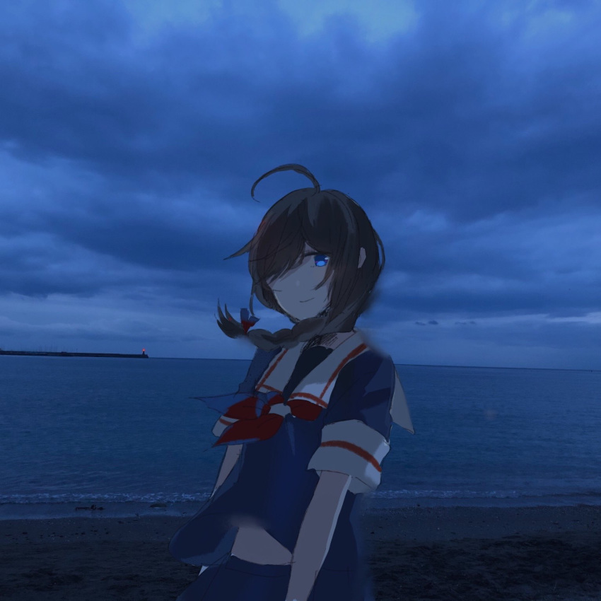 1girl ahoge beach black_serafuku blue_eyes brown_hair hair_over_one_eye hair_over_shoulder highres kantai_collection kumahara long_hair photo_background school_uniform serafuku shigure_(kantai_collection) smile solo