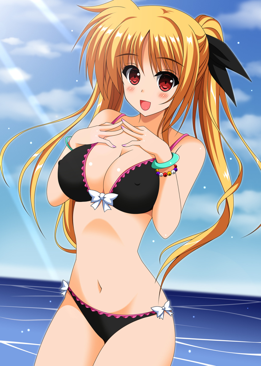 1girl beach bikini black_bikini blonde_hair blue_sky bracelet breasts cleavage cloud commentary_request covered_nipples cowboy_shot day fate_testarossa highres horizon jewelry large_breasts light_rays long_hair looking_at_viewer lyrical_nanoha mahou_shoujo_lyrical_nanoha_strikers ocean oda_ken'ichi outdoors red_eyes sky smile solo sunbeam sunlight swimsuit twintails water