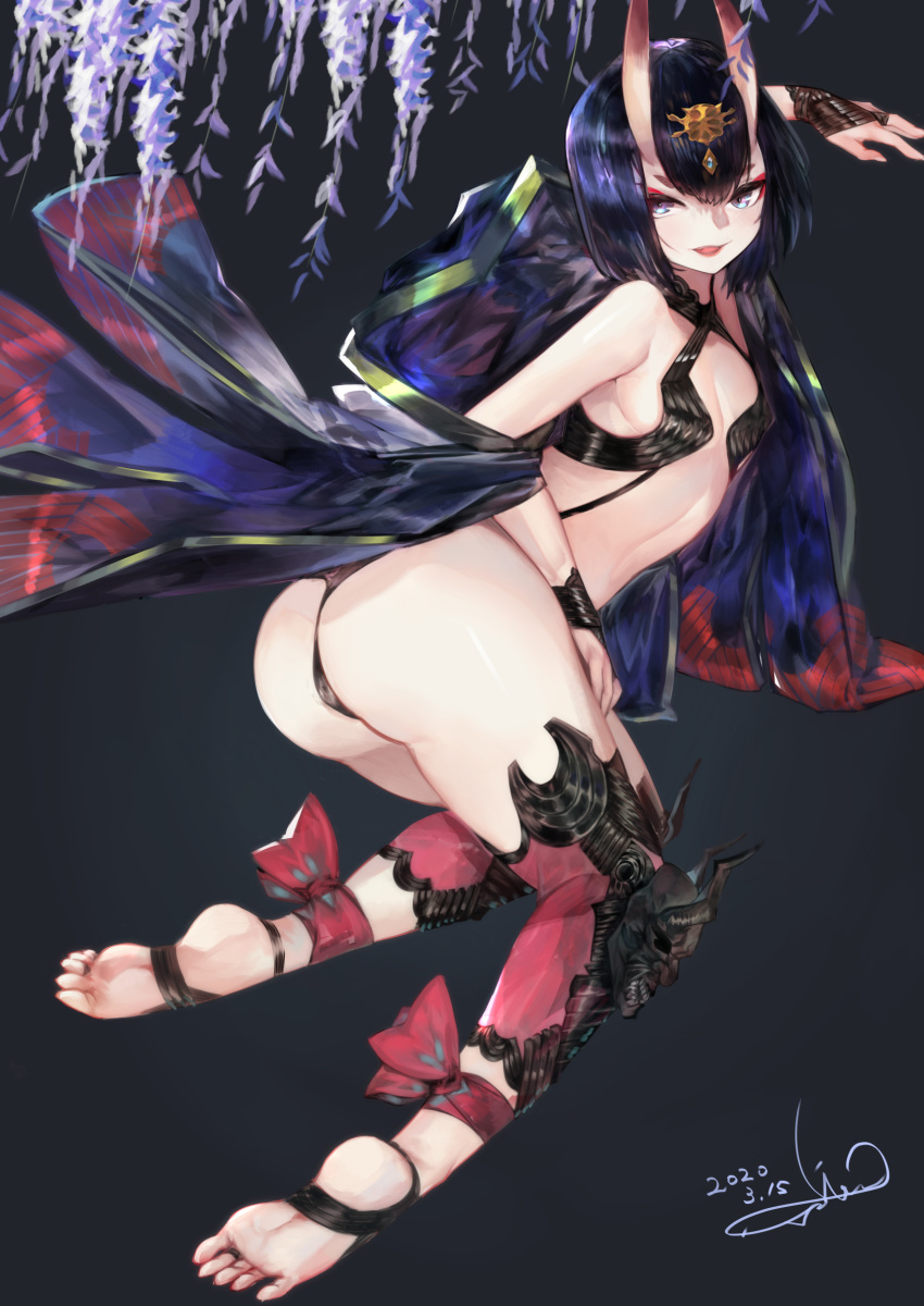 1girl ankle_ribbon ass bangs barefoot_sandals blush bob_cut breasts bridal_gauntlets eyeliner fate/grand_order fate_(series) feet flower headpiece highres horns japanese_clothes kimono legs long_sleeves looking_at_viewer looking_back makeup off_shoulder oni oni_horns open_clothes open_kimono open_mouth purple_eyes purple_hair purple_kimono red_ribbon revealing_clothes ribbon shirasu_(19san) short_eyebrows short_hair shuten_douji_(fate/grand_order) skin-covered_horns small_breasts smile soles solo wide_sleeves wisteria