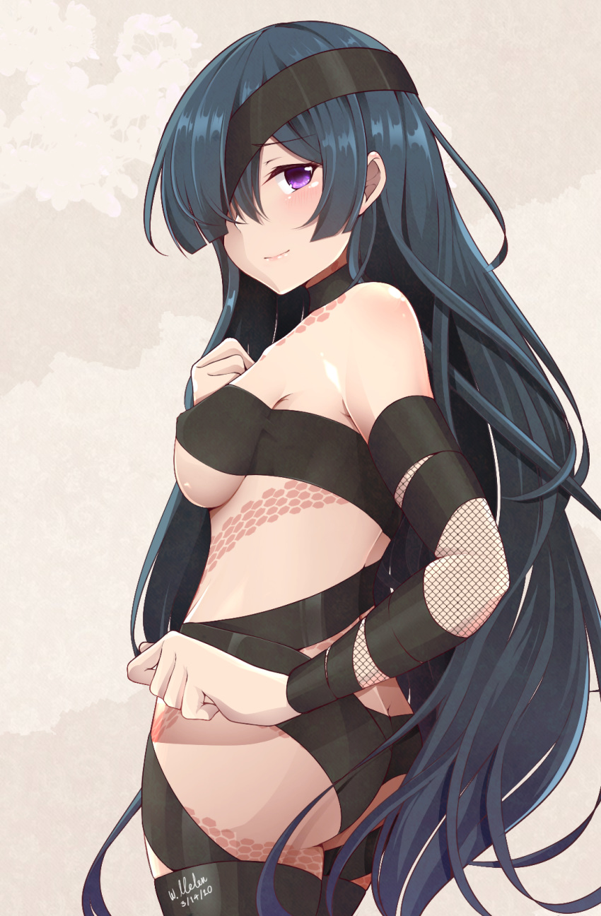 1girl ass bangs bare_shoulders black_hair black_ribbon blush breasts closed_mouth eyepatch fate/grand_order fate_(series) fishnets hair_over_one_eye highres long_hair looking_at_viewer looking_back medium_breasts mochizuki_chiyome_(fate/grand_order) purple_eyes ribbon smile snake_tattoo solo underboob unlock-creed very_long_hair