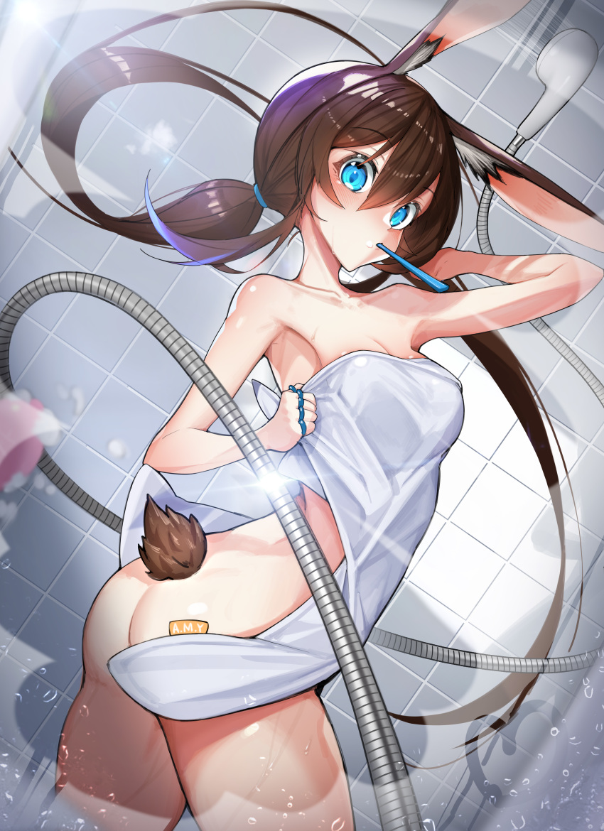 1girl absurdres amiya_(arknights) animal_ears arknights ass bathing blue_eyes breasts brown_hair bunny_ears bunny_girl bunny_tail cleavage heart highres kyudong. long_hair nude solo tail twintails water