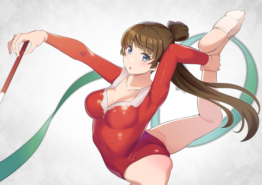 1girl ass blue_eyes breasts brown_hair cleavage gymnastics holding_own_foot len-cue leotard long_hair medium_breasts ponytail red_leotard rhythmic_gymnastics ribbon_baton simple_background solo standing standing_on_one_leg tomato_(madanai_the_cat) white_background yasumi-chan