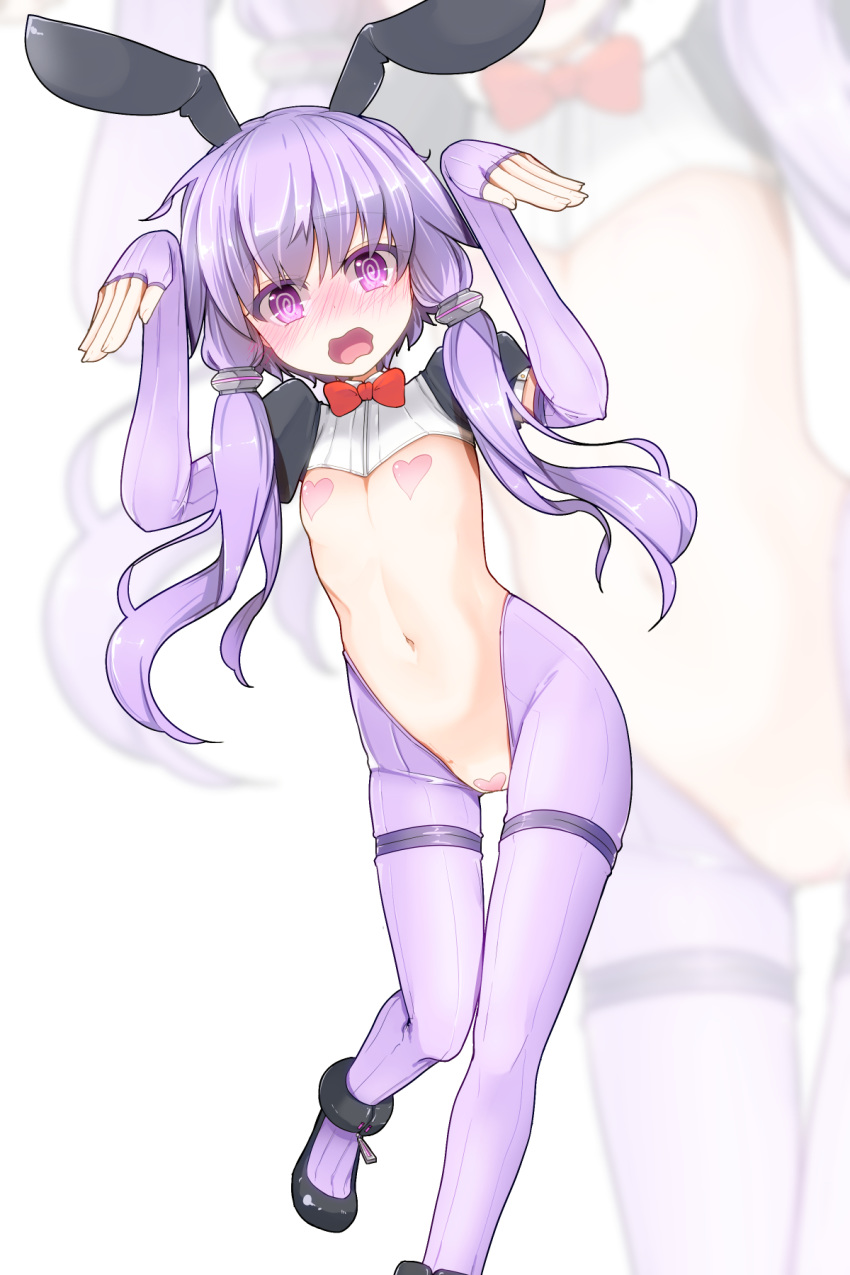 1girl :o @_@ animal_ears bangs blush bow bowtie bunny_ears bunny_pose commentary elbow_gloves embarrassed eyebrows_visible_through_hair eyes_visible_through_hair fingerless_gloves flat_chest gloves hands_up heart_pasties highres long_hair looking_at_viewer low_twintails maebari navel nose_blush pasties pon_(shind_997) purple_eyes purple_gloves purple_hair red_neckwear revealing_clothes reverse_bunnysuit reverse_outfit short_sleeves shrug_(clothing) simple_background solo stomach thigh_strap twintails vocaloid wavy_mouth white_background yuzuki_yukari zoom_layer