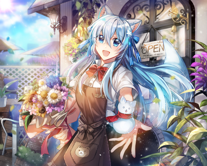 1girl :d animal_ear_fluff animal_ears animal_print apron bangs bear_print black_skirt blue_eyes blue_flower blue_hair blush bouquet bow brown_apron building collared_shirt commentary_request day door dress_shirt eyebrows_visible_through_hair flower frilled_skirt frills hair_between_eyes highres holding holding_bouquet lens_flare long_hair looking_at_viewer open_mouth original outdoors pink_flower red_bow ribbon-trimmed_skirt ribbon_trim rijjin shirt short_sleeves sign skirt smile solo sunflower very_long_hair wall_lamp white_flower white_shirt yellow_flower