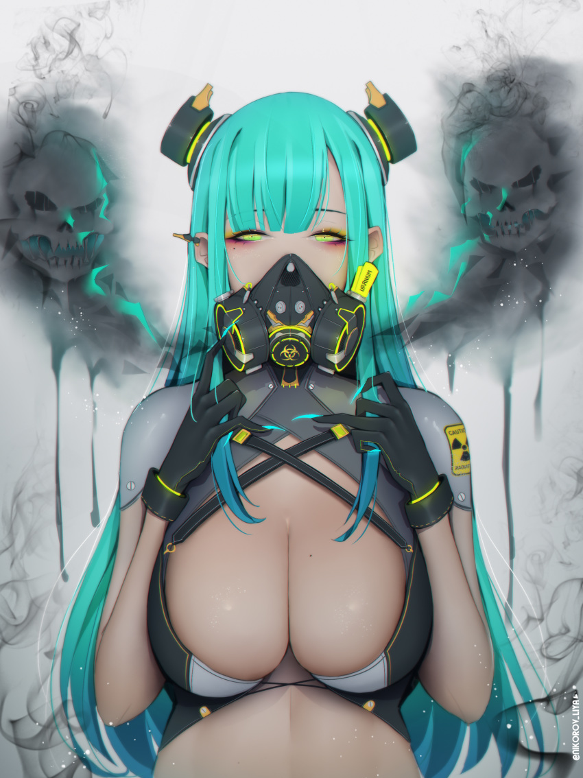 absurdres black_gloves breasts commentary gas_mask gloves green_hair highres large_breasts liya_nikorov long_hair looking_at_viewer mask mole original skull solo upper_body yellow_eyes