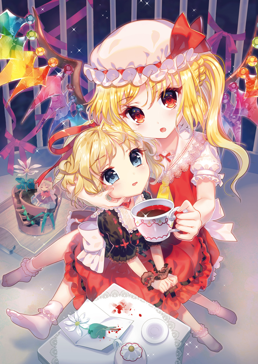 3girls amo ascot blonde_hair blood blood_stain blue_eyes blush bobby_socks bubble_skirt cheek_pinching choker closed_eyes crystal cup daisy diamond-shaped_pupils doily doll dress fang flandre_scarlet flower flower_pot frilled_legwear frilled_shirt_collar frilled_skirt frills hair_ribbon hat hat_ribbon highres holding holding_cup indoors lace looking_at_viewer medicine_melancholy mob_cap multiple_girls no_shoes one_side_up open_mouth paper pinching puffy_short_sleeves puffy_sleeves red_eyes red_ribbon red_skirt ribbon ribbon_trim saucer short_hair short_sleeves side_ponytail sitting sitting_on_lap sitting_on_person skirt socks sparkle su-san symbol-shaped_pupils table teacup teapot touhou trait_connection vampire white_legwear wings wrist_cuffs