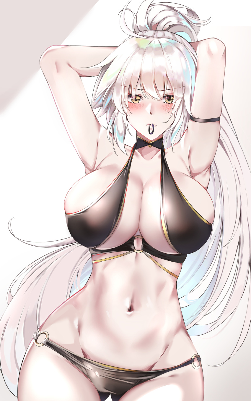 absurdres ahoge armlet armpits arms_behind_head arms_up bangs bikini black_bikini blush breasts eyebrows_visible_through_hair fate/grand_order fate_(series) hair_between_eyes hair_tie_in_mouth high_ponytail highres jeanne_d'arc_(alter)_(fate) jeanne_d'arc_(alter_swimsuit_berserker) jeanne_d'arc_(fate)_(all) jjkl9195 large_breasts long_hair looking_at_viewer mouth_hold navel o-ring o-ring_bikini o-ring_bottom o-ring_top pale_skin silver_hair standing swimsuit very_long_hair yellow_eyes