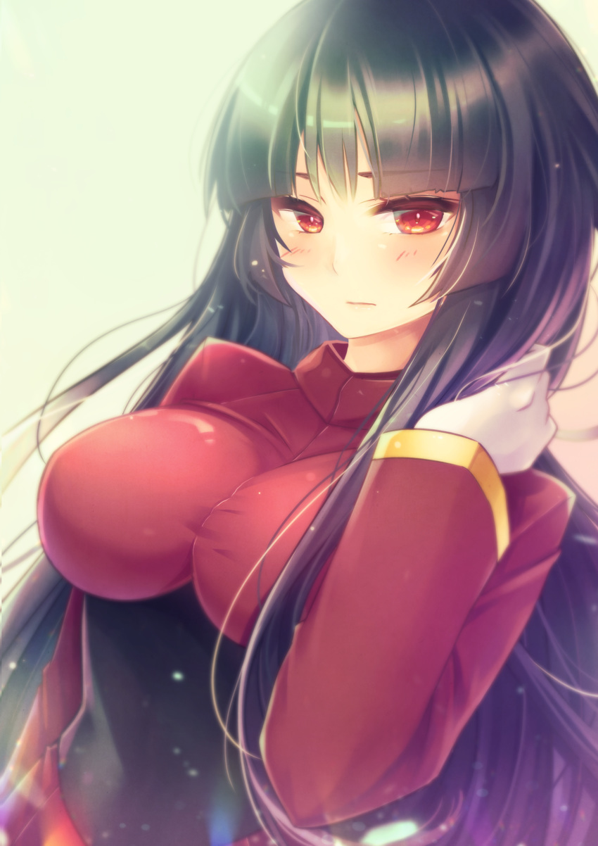 1girl bangs blunt_bangs blush breasts gym_leader hand_in_hair highres impossible_clothes large_breasts light_smile long_hair natsume_(pokemon) pokemon pokemon_(game) red_eyes simple_background solo taut_clothes user_cvyd3548