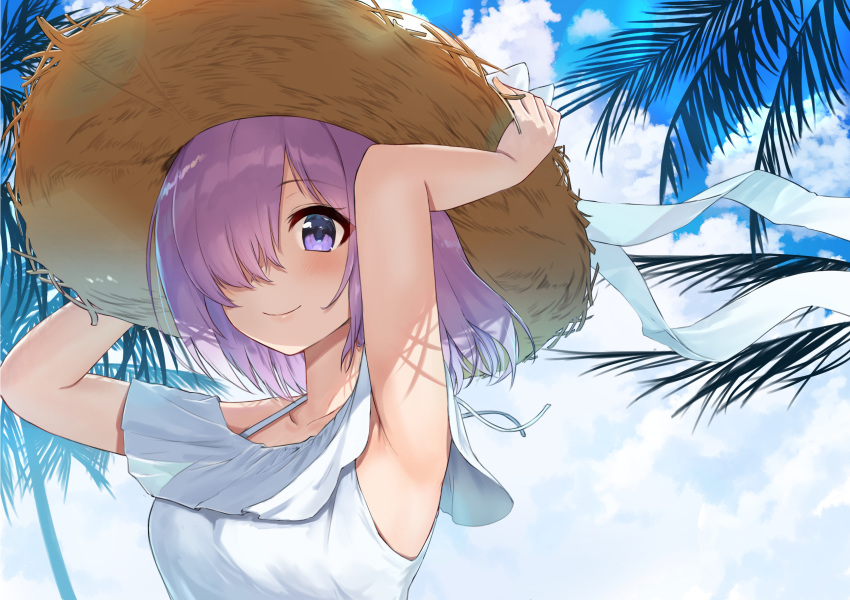 1girl armpits arms_up blue_sky blush breasts closed_mouth dress fate/grand_order fate_(series) hair_over_one_eye hat hat_ribbon highres jjeono large_breasts lavender_hair looking_at_viewer mash_kyrielight palm_tree purple_eyes purple_hair ribbon sky smile solo straw_hat tree white_dress white_ribbon