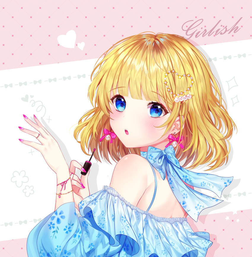 1girl absurdres bangs bare_shoulders blonde_hair blue_eyes blue_shirt blush bow bow_earrings commentary_request eyebrows_visible_through_hair fingernails floral_print hair_ornament hands_up heart heart_hair_ornament highres holding long_sleeves looking_at_viewer looking_to_the_side miyo_(user_zdsp7735) nail_polish off-shoulder_shirt off_shoulder original parted_lips pearl_hair_ornament print_shirt puffy_long_sleeves puffy_sleeves purple_bow purple_nails shirt solo star upper_body upper_teeth