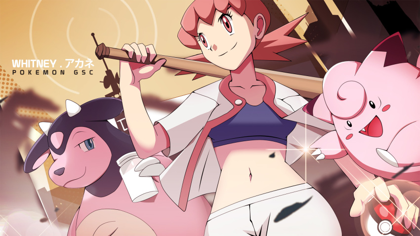 1girl akane_(pokemon) baseball_bat bottle character_name city cityscape claws clefairy collarbone from_below gym_leader highres horns milk miltank navel open_clothes open_mouth open_shirt pants poke_ball pokemon pokemon_(game) pokemon_hgss radio_antenna red_eyes red_hair short_hair short_sleeves short_twintails skyline smile sports_bra standing tooth twintails udder vivivoovoo