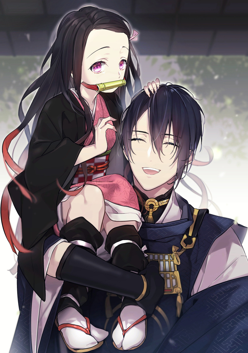 1boy 1girl ^_^ absurdres bamboo bit_gag black_gloves black_hair carrying closed_eyes coma_(macaron) crossover fingernails gag gloves highres japanese_clothes kamado_nezuko kimetsu_no_yaiba kimono mikazuki_munechika open_mouth pink_eyes sandals sayagata sharp_fingernails smile tabi touken_ranbu