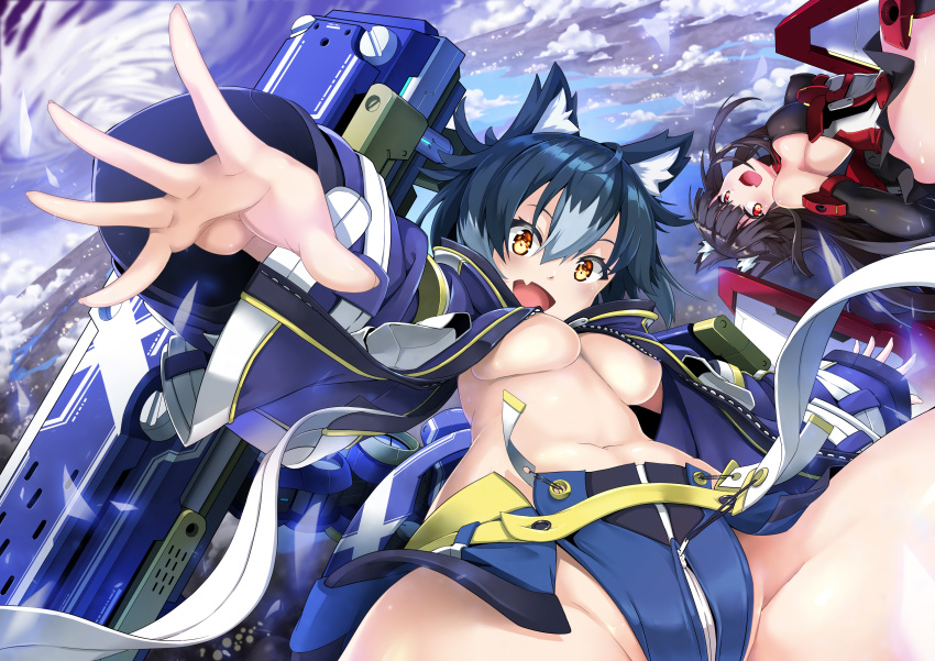 2girls :d absurdres animal_ear_fluff animal_ears armlet armored_leotard bangs black_gloves black_legwear black_leotard black_skirt blue_jacket blue_shorts breasts cloud commentary_request covered_nipples dog_ears elbow_gloves eyebrows_behind_hair fang floating from_below gloves groin hair_between_eyes highres jacket jie_laite large_breasts leotard long_hair long_sleeves looking_at_viewer machinery mecha_musume micro_shorts midriff multicolored_hair multiple_girls navel open_clothes open_jacket open_mouth original rigging short_hair shorts side_slit sideboob sidelocks skin_fang skirt sky sleeves_past_wrists smile thighhighs two-tone_hair upper_body yellow_eyes zipper