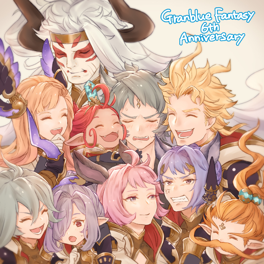 5boys 5girls ahoge anger_vein animal_ears arm_over_shoulder blonde_hair blush braid chabo213 closed_eyes draph erune esser facepaint facial_hair funf granblue_fantasy hair_between_eyes hair_ornament hair_over_one_eye hand_on_own_chin harvin headband highres horns long_hair mole mole_under_eye multiple_boys multiple_girls mustache nio_(granblue_fantasy) okto open_mouth pink_hair pointy_ears purple_hair quatre_(granblue_fantasy) siete silver_hair six_(granblue_fantasy) smile song_(granblue_fantasy) thalatha_(granblue_fantasy) uno_(granblue_fantasy) white_hair