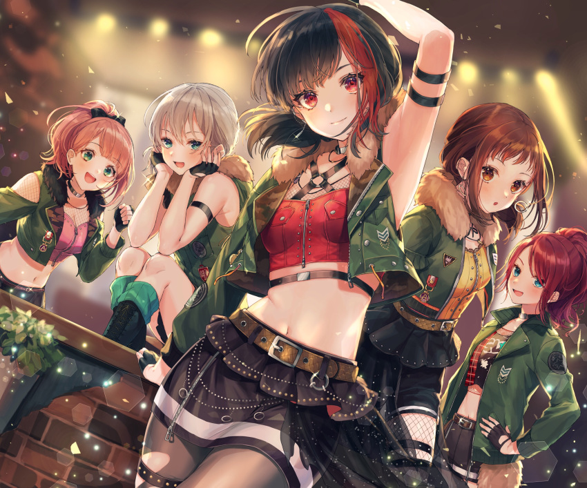 5girls :d :o absurdres afterglow_(bang_dream!) aoba_moca aqua_eyes arm_strap arm_support arm_up armpits bang_dream! bangs bare_shoulders belt black_choker black_gloves black_hair black_legwear black_shorts black_skirt blue_eyes blurry blurry_background blush bodysuit boots breasts brick_wall brown_belt brown_eyes brown_hair choker cleavage clenched_hand collarbone commentary cowboy_shot cross-laced_footwear dutch_angle earrings elbow_on_knee eyebrows_visible_through_hair fingerless_gloves fishnet_bodysuit fishnet_legwear fishnets fur-trimmed_jacket fur-trimmed_vest fur_trim glint gloves green_eyes green_footwear green_jacket green_legwear grey_hair hair_between_eyes hair_ribbon half_gloves hand_on_hip hands_on_own_cheeks hands_on_own_face hazawa_tsugumi high_ponytail highres hoop_earrings jacket jewelry knee_boots knees_up lace-up_boots large_breasts lens_flare light_particles long_sleeves looking_at_viewer medium_breasts midriff mismatched_sleeves mitake_ran multicolored_hair multiple_girls navel necklace o-ring o-ring_top open_clothes open_jacket open_mouth pantyhose pink_hair pink_vest red_eyes red_hair red_vest ribbon shinotarou_(nagunaguex) short_hair shorts shorts_under_skirt shoulder_cutout sidelocks single_earring sitting skirt small_breasts smile stage_lights standing streaked_hair swept_bangs thigh_strap torn_clothes torn_legwear udagawa_tomoe uehara_himari underbust upper_teeth vest yellow_vest zipper zipper_pull_tab