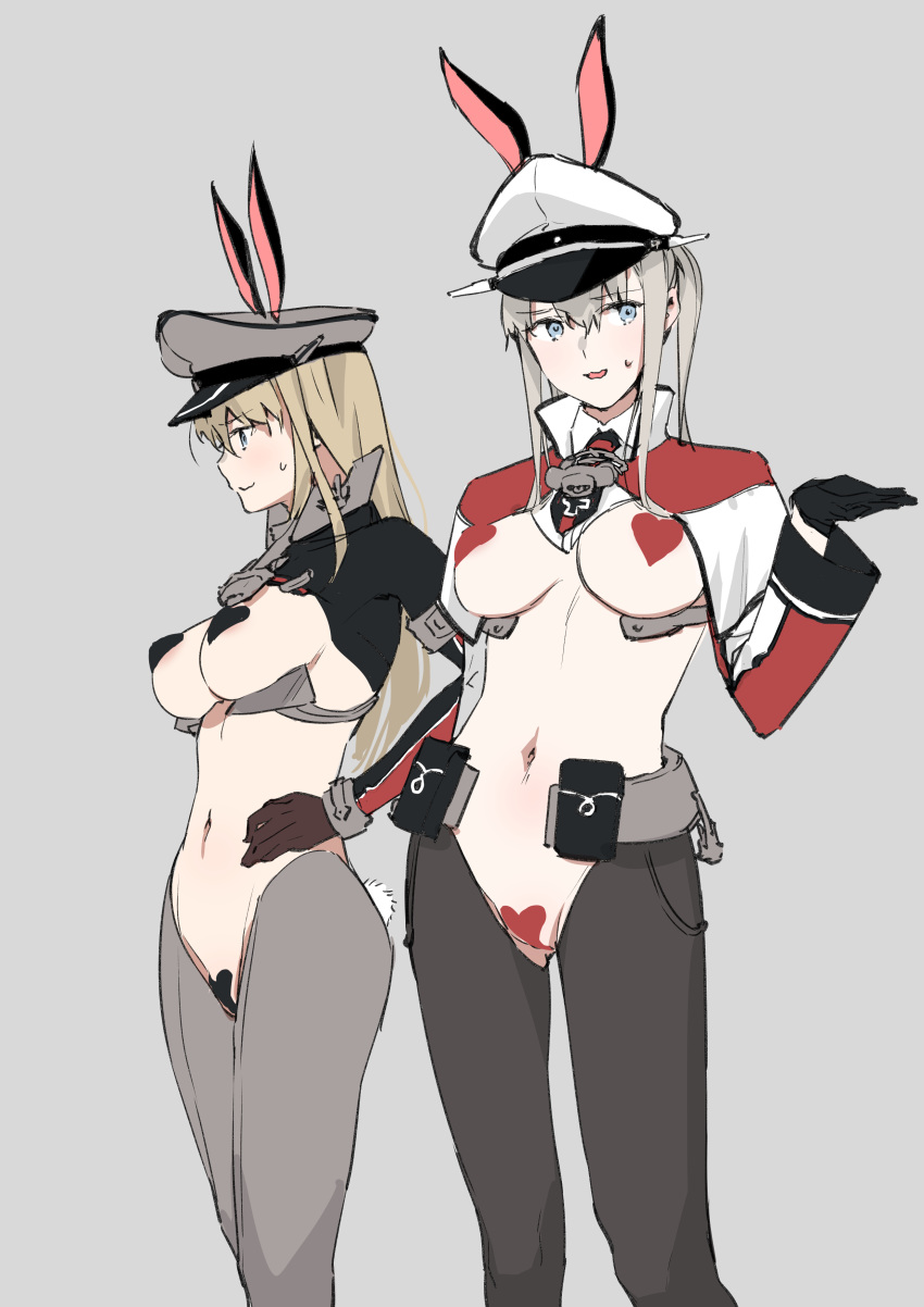2girls absurdres alternate_costume animal_ears bangs bismarck_(kantai_collection) black_gloves black_legwear blonde_hair blue_eyes blush breasts brown_gloves bunny_ears bunny_tail capelet elbow_gloves eyebrows_visible_through_hair fake_animal_ears gloves graf_zeppelin_(kantai_collection) grey_background grey_legwear hand_on_hip hat heart_pasties highres iron_cross kantai_collection large_breasts long_hair long_sleeves maebari multiple_girls open_mouth pantyhose pasties peaked_cap reverse_bunnysuit reverse_outfit simple_background sweat tail touyama_eight twintails wavy_mouth