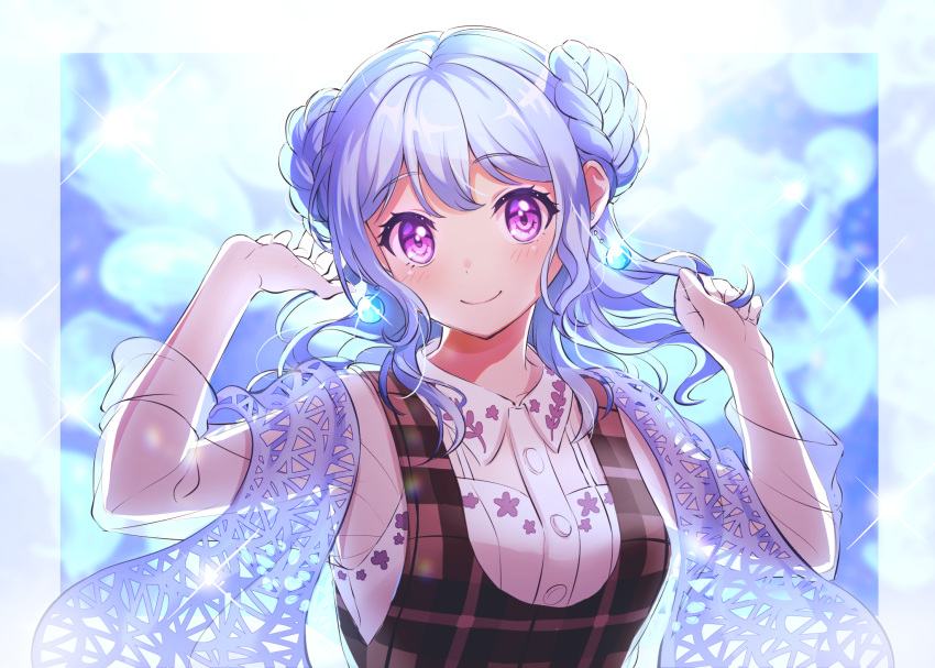 1girl alternate_hairstyle bang_dream! bangs belt blue_hair blush braid check_commentary clenched_hand closed_mouth collared_shirt commentary commentary_request double_bun earrings gen_(gen_m_gen) grey_vest hand_in_hair hand_on_own_chest highres jellyfish jewelry light_blue_hair long_hair long_sleeves looking_at_viewer matsubara_kanon open_mouth plaid plaid_vest purple_eyes see-through_sleeves shawl shirt skirt smile solo vest white_shirt white_skirt