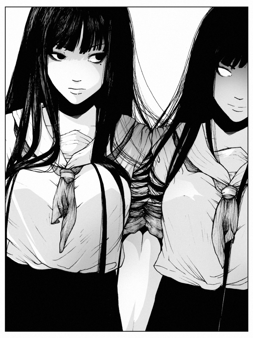 bangs black_border black_hair blank_eyes border commentary greyscale highres kawakami_tomie long_hair looking_to_the_side mole mole_under_eye monochrome sailor_collar school_uniform screentones serafuku short_sleeves smile sukerufun tagme tomie upper_body