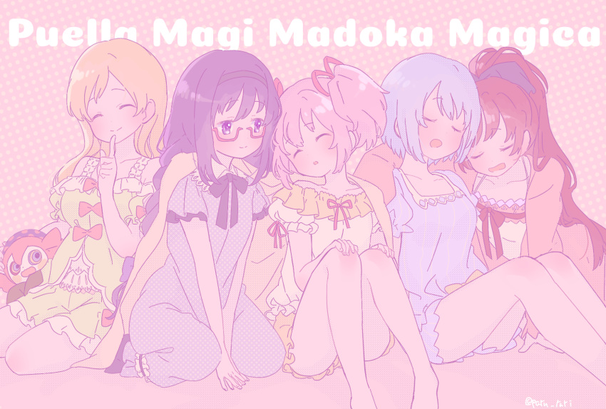 5girls :o ^_^ akemi_homura alternate_costume alternate_hairstyle arm_around_shoulder arm_support babydoll bare_legs bare_shoulders black_hairband black_ribbon blanket blonde_hair blue_hair blue_shirt blue_shorts blush braid breasts charlotte_(madoka_magica) closed_eyes closed_mouth collarbone collared_shirt copyright_name dot_nose eyebrows_visible_through_hair feet_out_of_frame finger_to_mouth flat_chest frills glasses hair_between_eyes hair_down hair_ribbon hairband hands_on_own_knees happy head_on_another's_shoulder high_ponytail highres jacket kaname_madoka knee_blush long_hair looking_at_another mahou_shoujo_madoka_magica medium_breasts miki_sayaka multiple_girls off-shoulder_shirt off_shoulder pajamas parted_lips paru_rari pink_background pink_hair pink_jacket pink_ribbon polka_dot polka_dot_background polka_dot_pajamas ponytail puffy_short_sleeves puffy_sleeves purple_eyes purple_hair purple_pajamas purple_ribbon red-framed_eyewear red_hair red_ribbon ribbon sakura_kyouko seiza semi-rimless_eyewear shiny shiny_hair shirt short_hair short_sleeves short_twintails shorts shushing side-by-side simple_background sitting sleeping sleeping_on_person smile tomoe_mami twintails twitter_username under_covers v_arms witch_(madoka_magica)