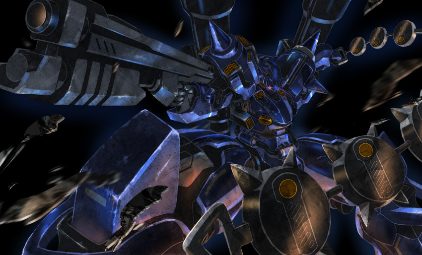 aiming bazooka_(gundam) black_background chain_mine commentary_request deraken glowing glowing_eye gun gundam gundam_0080 highres holding holding_gun holding_weapon horn kampfer_(mobile_suit) mecha no_humans red_eyes shotgun solo spikes weapon