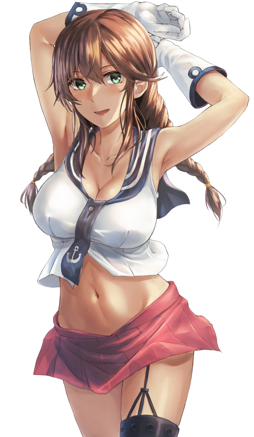 1girl anchor_symbol armpits arms_behind_back arms_up asymmetrical_legwear bangs bare_shoulders belt blush braid breasts brown_hair cleavage collarbone commentary_request cowboy_shot crop_top eyebrows_visible_through_hair garter_straps gloves green_eyes highres kantai_collection kokuzoo large_breasts long_hair looking_at_viewer midriff miniskirt navel necktie noshiro_(kantai_collection) open_mouth pleated_skirt red_skirt school_uniform serafuku shirt simple_background single_thighhigh skirt sleeveless sleeveless_shirt smile solo stomach swept_bangs thighhighs twin_braids white_background white_gloves
