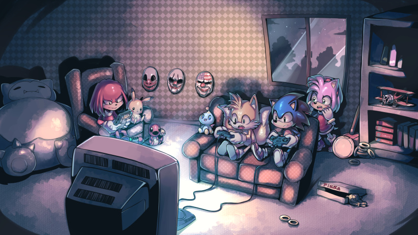1girl 3boys absurdres aircraft airplane amy_rose armchair biplane chair chao_(sonic) character_doll charmander commission controller couch dress food game_boy game_console game_controller gen_1_pokemon hammer handheld_game_console highres holding holding_game_controller indoors knuckles_the_echidna mask multiple_boys night night_sky parororo payday_(series) pikachu pizza playing_games pokemon pokemon_(creature) revision sega_mega_drive shelf shoes sitting sky snorlax sonic sonic_the_hedgehog standing star_(sky) starry_sky tail tails_(sonic) television tree window