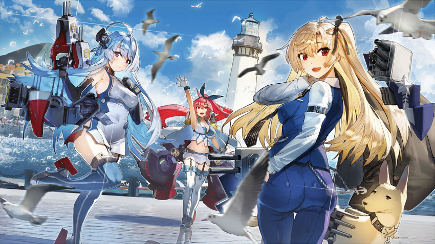 3girls :d ahoge arm_up ass azur_lane bird black_panties blonde_hair blue_hair blue_legwear blue_sky blurry blurry_foreground breasts cleavage cleveland_(azur_lane) cleveland_(gentry_knight)_(azur_lane) cropped day depth_of_field dog dress dutch_angle epaulettes from_behind garter_straps glint gloves hair_ribbon hand_in_pocket helena_(azur_lane) highres large_breasts lighthouse looking_at_viewer looking_back medium_breasts midriff multiple_girls navel non-web_source official_art one_side_up open_mouth panties ponytail red_eyes red_hair ribbon rigging shirt short_dress siqi_(miharuu) skirt sky smile standing standing_on_one_leg taut_clothes taut_shirt thighhighs underwear white_gloves white_legwear wichita_(azur_lane)
