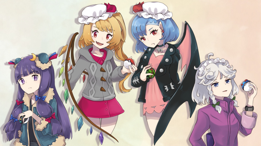 4girls ahoge arm_up asymmetrical_bangs bangs bat_wings beet_(pokemon) beet_(pokemon)_(cosplay) black_jacket black_shirt blonde_hair blue_coat blue_eyes blue_hair blunt_bangs bracelet braid choker coat commentary_request cosplay cosplay_request crescent crescent_hair_ornament cropped_legs double_bun dress dusk_ball earrings expressionless fang fang_out flandre_scarlet frown great_ball grey_sweater hair_ornament hat hat_ribbon head_tilt highres holding holding_poke_ball hop_(pokemon) hop_(pokemon)_(cosplay) izayoi_sakuya jacket jewelry karua_m long_hair long_sleeves looking_at_viewer looking_to_the_side maid_headdress mary_(pokemon) mary_(pokemon)_(cosplay) mob_cap moon_ball multiple_girls one_side_up open_clothes open_jacket open_mouth pantyhose patchouli_knowledge pendant pink_dress pointy_ears poke_ball pokemon pokemon_(game) pokemon_swsh purple_eyes purple_hair purple_jacket red_eyes remilia_scarlet ribbon shirt short_hair silver_hair skin_fang standing sweater touhou track_jacket twin_braids upper_body very_long_hair white_headwear white_legwear wings yuuri_(pokemon) yuuri_(pokemon)_(cosplay)