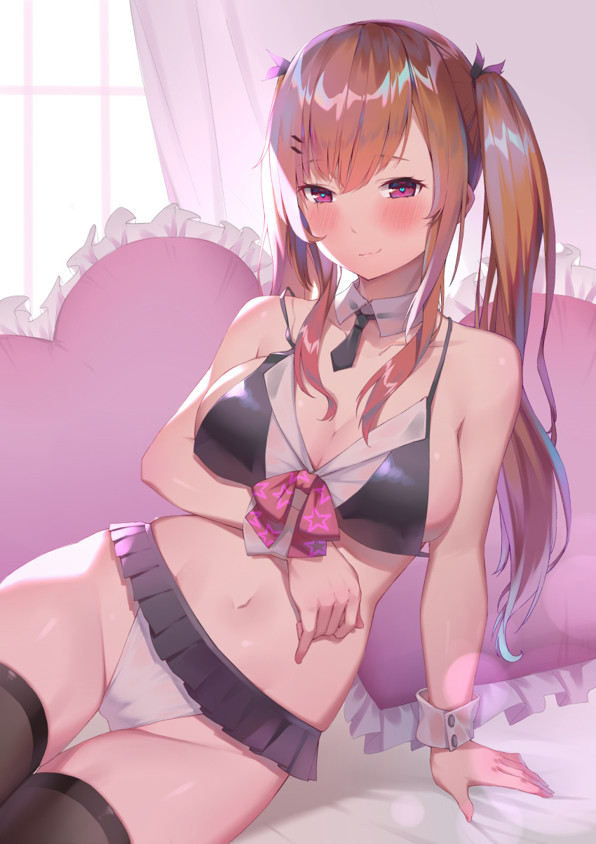 1girl absurdres arm_support bangs bed_sheet bikini bikini_skirt black_bikini_top black_legwear black_neckwear black_ribbon blush breasts cleavage closed_eyes collarbone curtains detached_collar eyebrows_visible_through_hair girls_frontline groin hair_ornament hair_ribbon hairclip heart heart-shaped_pupils heart_pillow highres indoors large_breasts leaning_to_the_side long_hair looking_at_viewer mini_necktie mismatched_bikini navel necktie orange_hair pillow purple_eyes purple_ribbon ren_huozhe ribbon smile smug solo star star_print stomach swimsuit symbol-shaped_pupils thigh_gap thighhighs twintails ump9_(girls_frontline) white_bikini_bottom