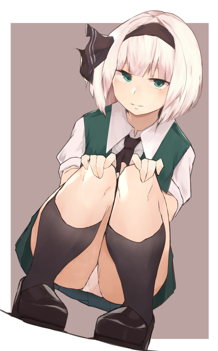 1girl bangs black_footwear black_legwear black_neckwear blunt_bangs green_eyes hair_ribbon hairband highres kneehighs konpaku_youmu looking_at_viewer panties pantyshot pantyshot_(squatting) ribbon rizeass shirt short_hair squatting touhou underwear vest white_hair white_shirt