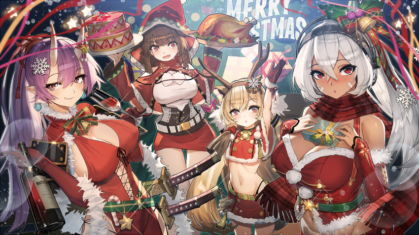 4girls alternate_breast_size alternate_costume antlers arm_up azur_lane bare_shoulders bell belt blonde_hair bottle breasts brown_hair cake capelet christmas cleavage cropped cup dark_skin detached_sleeves dress drinking_glass eldridge_(azur_lane) eldridge_(holy_night's_embrace)_(azur_lane) eyebrows_visible_through_hair facepaint food fur-trimmed_sleeves fur_trim gift gloves groin hair_between_eyes hair_ornament hair_ribbon headphones height_difference highleg highleg_panties highres holding holding_sack holding_tray horns izumo_(azur_lane) large_breasts long_hair long_sleeves looking_at_viewer merry_christmas midriff minneapolis_(azur_lane) multiple_girls native_american navel navel_cutout non-web_source official_art oni_horns open_mouth panties plaid plaid_scarf pointy_ears pom_pom_(clothes) ponytail purple_hair red_capelet red_dress red_eyes red_hood red_skirt reindeer_antlers ribbon sack santa_costume scarf sheath short_hair side-tie_panties sideboob siqi_(miharuu) skirt snowflake_hair_ornament streamers sword thigh_gap thighs tray turkey_(food) underwear very_long_hair weapon white_hair wine_bottle wine_glass yamashiro_(azur_lane) yamashiro_(christmas_offensive)_(azur_lane)