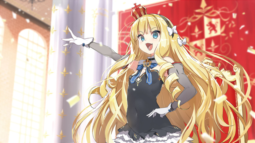 1girl :d arm_up azur_lane blonde_hair blue_eyes blurry bow breasts confetti covered_navel cowboy_shot cropped crown depth_of_field detached_collar detached_sleeves dress eyebrows_visible_through_hair fang gloves hair_bow hairband hand_on_hip highres indoors long_hair mini_crown nauribon non-web_source official_art open_mouth queen_elizabeth_(azur_lane) ringlets short_dress sidelocks small_breasts smile solo very_long_hair white_gloves