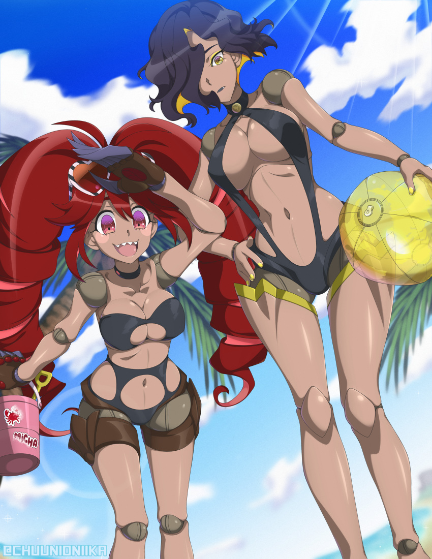 2girls absurdres antenna_hair black_hair black_lipstick black_swimsuit blue_sky blush_stickers bow breasts casual_one-piece_swimsuit chuunioniika claws cleavage commission day doll_joints drill_hair eyeshadow hair_bow hair_over_one_eye highres large_breasts leiur_darahim lipstick long_hair makeup micha_jawkan multicolored_hair multiple_girls nail_polish navel one-piece_swimsuit orange_hair outdoors pink_hair red_eyes red_hair senki_zesshou_symphogear sharp_teeth shiny shiny_hair shiny_skin short_hair sky sun swimsuit tan teeth tree twin_drills two-tone_hair very_long_hair yellow_eyes