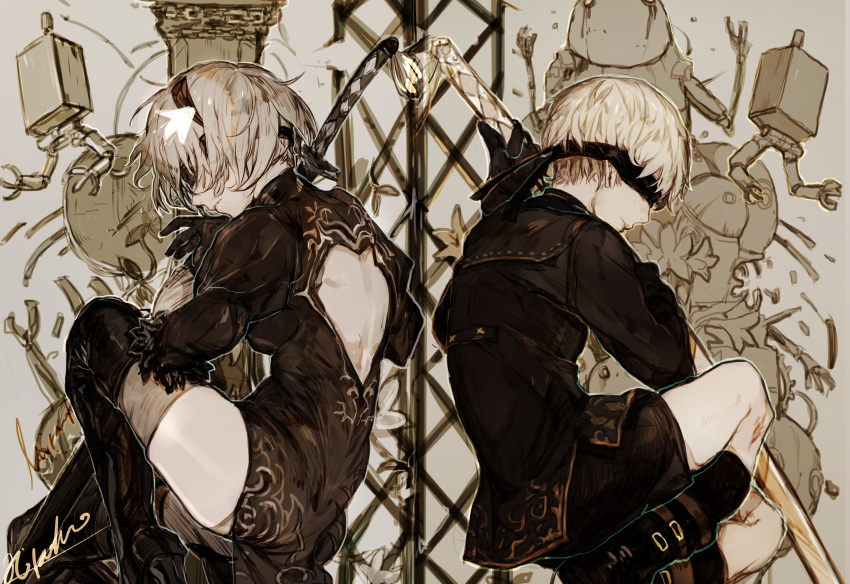 1boy 1girl back back-to-back back_cutout black_blindfold black_footwear blindfold boots covered_eyes drone feather_trim fetal_position flower hair_flower hair_ornament high_heel_boots high_heels highres hiranko juliet_sleeves katana knee_boots lily_(flower) limited_palette long_sleeves machine_(nier) multiple_others nier_(series) nier_automata pod_(nier_automata) puffy_sleeves robot sheath sheathed sheer_legwear short_hair shorts silver_hair sword thigh_boots thighhighs thighhighs_under_boots virtuous_contract weapon yorha_no._2_type_b yorha_no._9_type_s