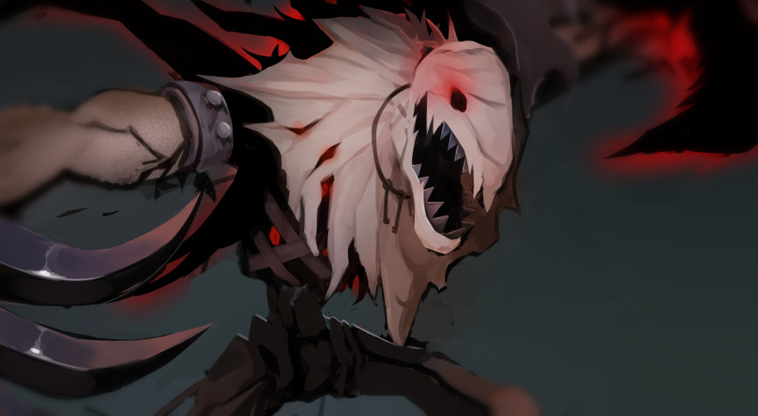 1other absurdres bird_scarer evil_smile extra_eyes fiddlesticks glowing grey_background highres keychain league_of_legends mechanical no_humans ohpe open_mouth red_eyes scarecrow sharp_claws sharp_teeth simple_background smile solo teeth