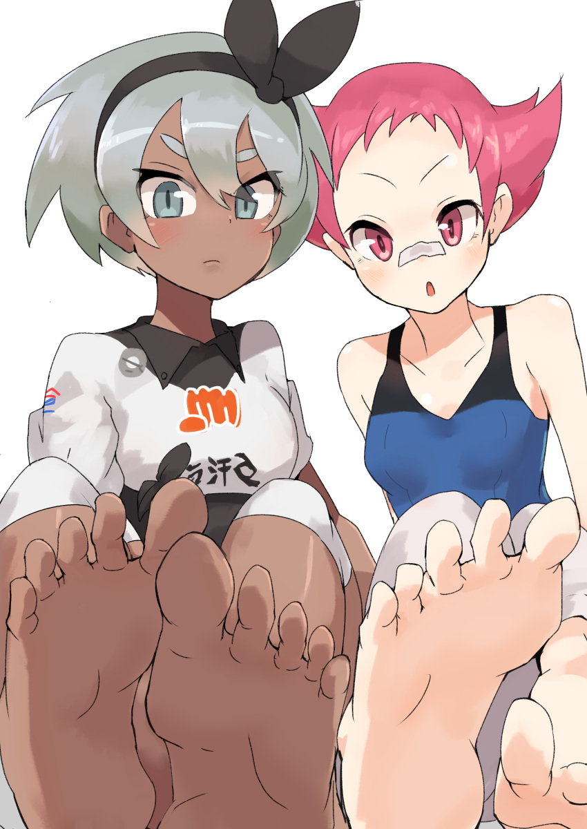 absurdres bandaid barefoot bodysuit_under_clothes breasts closed_mouth dark_skin grey_hair gym_leader hairband highres katsu_(katsupainter) looking_at_viewer multiple_girls pink_eyes pink_hair pokemon pokemon_(game) pokemon_dppt pokemon_swsh saitou_(pokemon) short_hair simple_background soles sumomo_(pokemon) white_background