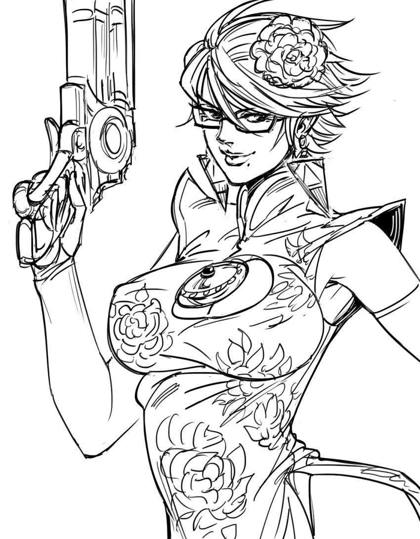 1girl alternate_hairstyle bayonetta bayonetta_(character) bb_(baalbuddy) breasts china_dress chinese_clothes closed_mouth covered_nipples dress earrings elbow_gloves fingerless_gloves flower gloves greyscale gun hair_flower hair_ornament highres holding holding_gun holding_weapon jewelry large_breasts looking_at_viewer monochrome short_hair simple_background smile solo trigger_discipline weapon white_background