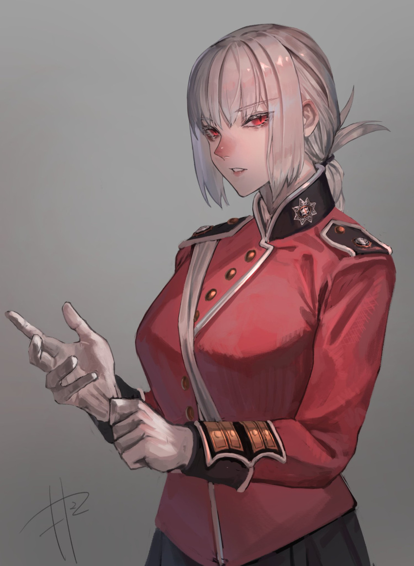 1girl adjusting_clothes adjusting_gloves cowboy_shot fate/grand_order fate_(series) florence_nightingale_(fate/grand_order) folded_ponytail gloves grey_background highres looking_at_viewer makitoshi0316 military military_uniform parted_lips rating red_eyes short_hair solo uniform white_background white_gloves