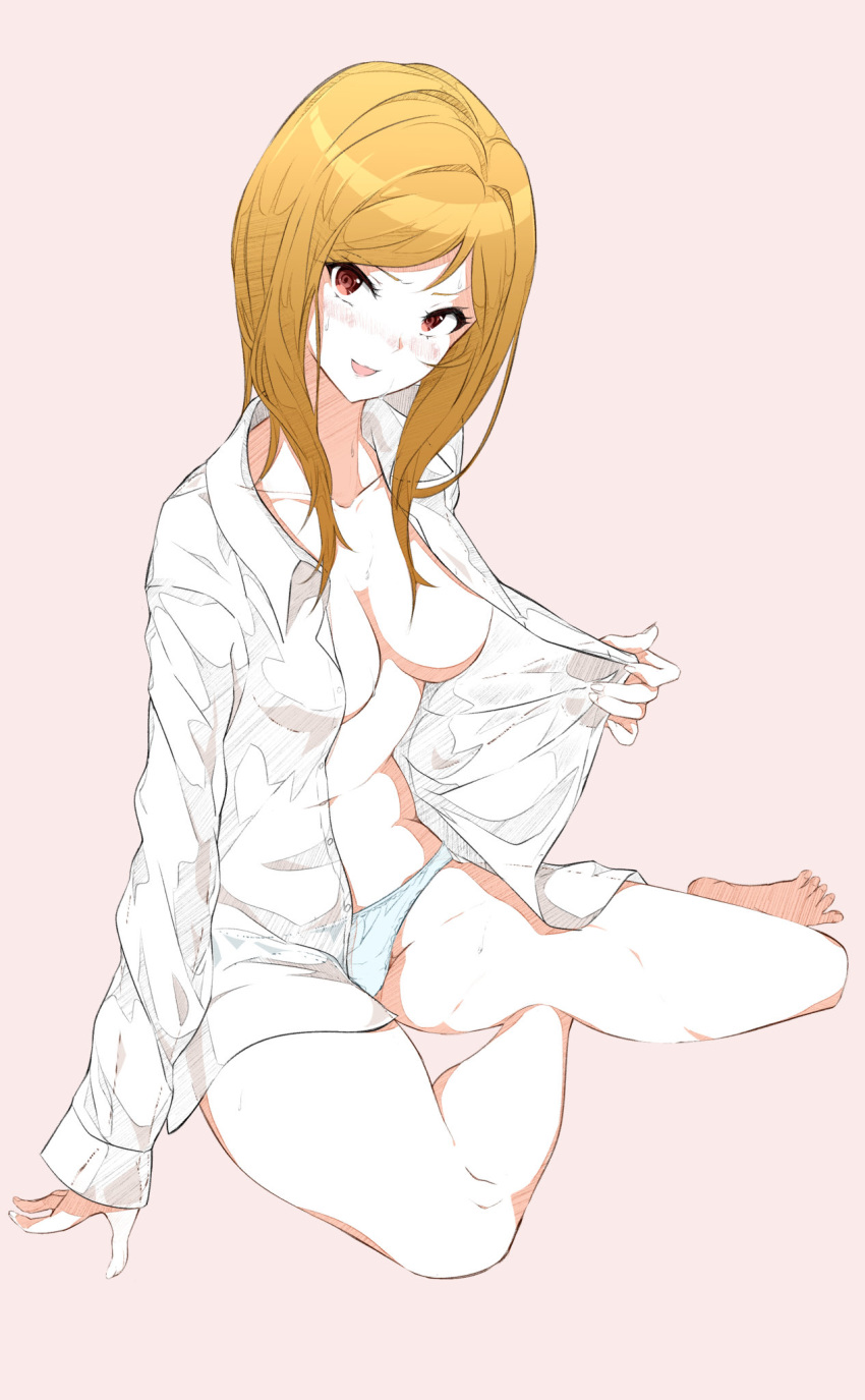1girl bangs blonde_hair blush breasts daisu highres idolmaster idolmaster_million_live! looking_at_viewer momose_rio naked_shirt open_clothes open_mouth open_shirt shirt simple_background sitting smile solo white_shirt